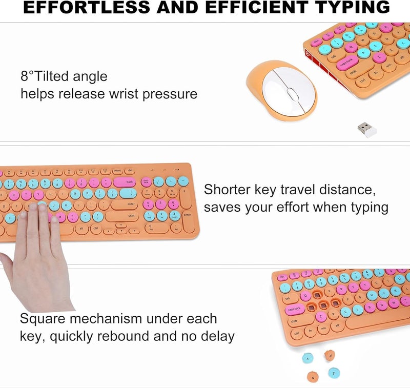 GUKJOB Wireless Keyboard and Mouse Combo, Retro Typewriter Keyboard with Round Keycaps, 2.4GHz USB Cute Wireless Keyboard Mouse for Computer, Desktop, Laptop and Computer (Orange Colorful) - Image 4